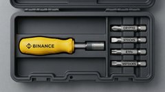 The image features a toolbox containing various tools, including a yellow tool with the word "binance" written on it. The toolbox is open, showcasing its contents against a gray background. The tools are arranged neatly within the box, ready for use in different projects or tasks.