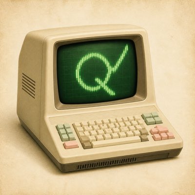 A vintage beige computer with green and pink keyboard accents displays a glowing green "Q" symbol on its retro CRT screen, evoking early computing nostalgia that thematically ties to the "Q" in "$QSTRAT" from the post.