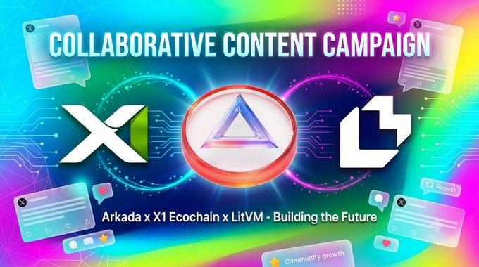 The image features a poster for a special content creation campaign by Arkada, which is an ecosystem that allows users to create and share high-quality content with their followers. The poster includes logos of Arkada X1 Ecochain and LitVM, two companies involved in creating content for the campaign. The text on the poster reads "Special Content Creation Campaign Opportunity by Arkada In collaboration with X1 Ecochain and LitVM".