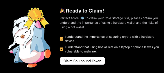 A cheerful penguin mascot with a gold medal stands beside a "Ready to Claim!" interface for the Cold Storage SBT, requiring users to confirm they understand the importance of hardware wallets and risks of hot wallets before clicking "Claim Soulbound Token."