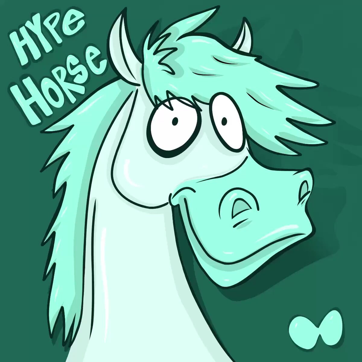 The image features a cartoon horse with a green color, giving it a whimsical appearance. The horse has its eyes wide open as if surprised or intrigued by something happening around it. The background of the image is a solid green color that contrasts with the white face and hair of the horse. The caption below the image reads "Hype Horse", which suggests that this cartoon horse might be related to a hype-related product, service, or event.