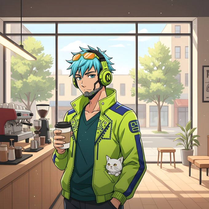A teal-haired anime-style character in a vibrant neon green and blue jacket with the number "88" on the sleeve stands in a sunlit café, sipping coffee while wearing yellow headphones and orange goggles, with a small white cat peeking from his jacket pocket.