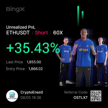 A trading advertisement for Bingx showing an 'ETHUSDT Short 60X' position with a +35.43% unrealized PnL, featuring people in blue Bingx shirts and a referral code 'OSTLX7'.