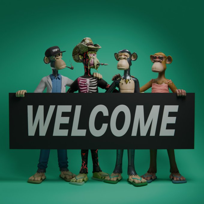 Four stylized monkey figurines — a cap-wearing monkey smoking a cigar, a skeletal cowboy-hat monkey, a golden chain monkey, and a pink-shirt monkey — holding a black sign reading "WELCOME".