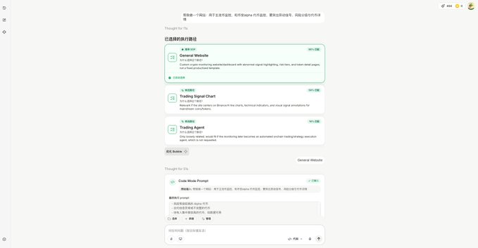 A Chinese-language AI chat interface (DouBao) showing completed travel planning tasks including a 'General Website', 'Trading Signal Chart', and 'Trading Agent', along with an in-progress 'Coin Mode Prompt' request.
