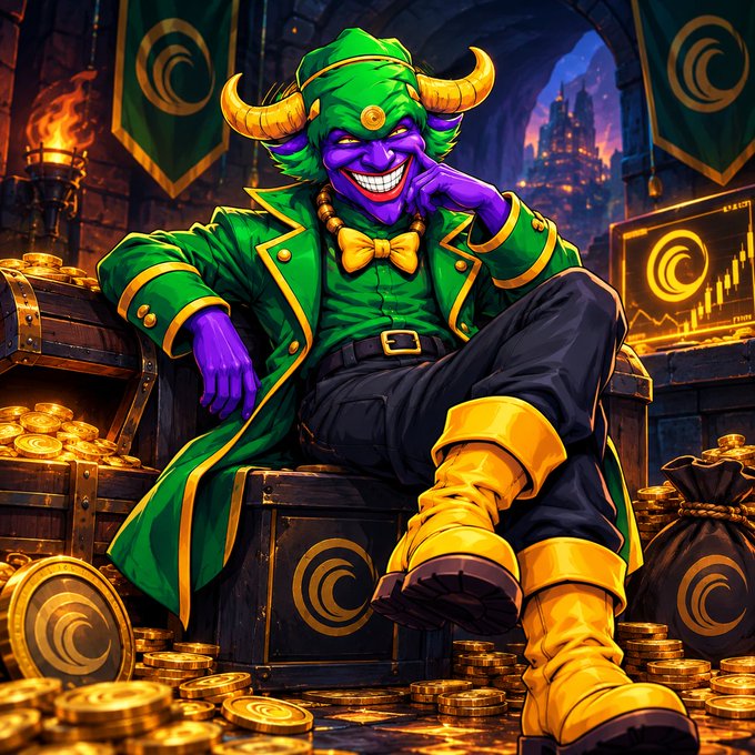 A digital illustration of a smiling purple-skinned horned character in green and gold attire sitting on a treasure chest filled with gold coins.