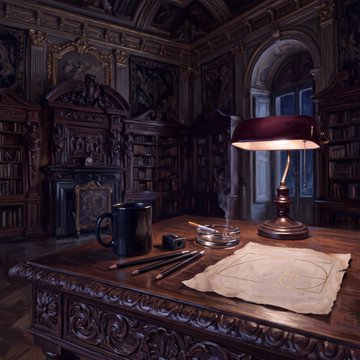 A dimly lit, ornate study or library features a wooden desk with a lamp, an inkwell, papers, and a mug, surrounded by bookcases and elaborate woodwork.