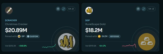 The image shows two cryptocurrency trading pairs displayed side by side: $CRACKER (Christmas Cracker) paired with $GP on the left at a $20.89M market cap (volume $516.3K, +268.8%), and $GP (RuneScape Gold) on the right at an $18.2M market cap (volume $919.6K, +64.2%). 

This visually illustrates the post's question—the $CRACKER token has a higher market cap ($20.89M) than its quote asset $GP ($18.2M), highlighting an unusual liquidity scenario where a smaller underlying asset appears to support a larger paired token.