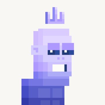 A pixel art sprite of a character with light purple skin, blue eyes, and an open mouth, wearing a small crown and dark purple clothing on a beige background, resembling a Minecraft-style figure.