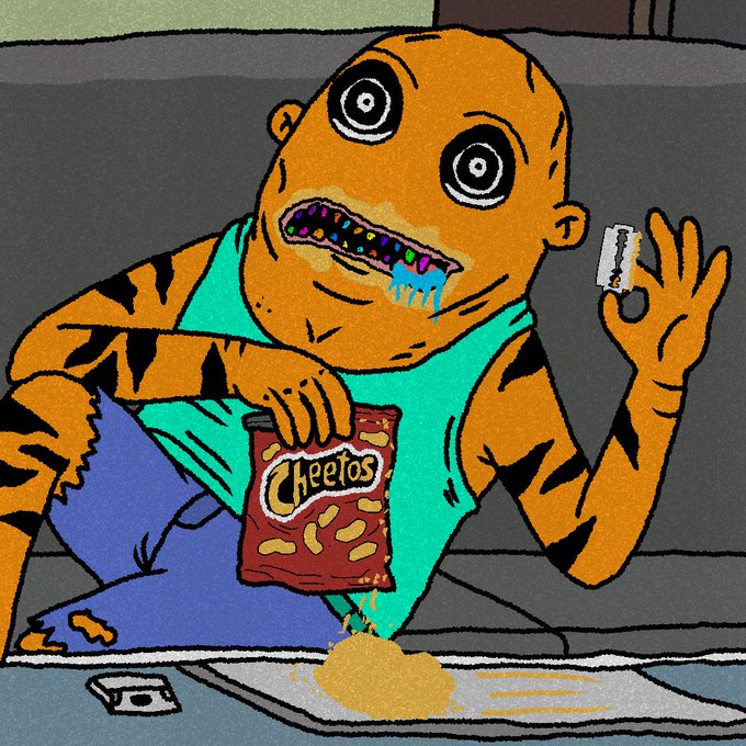 A crude digital drawing of an orange, tiger-striped humanoid figure with wide eyes eating colorful cereal from a Cheetos-branded box while holding a razor blade.