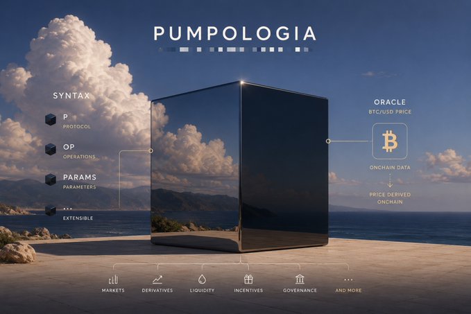A promotional graphic for PUMPOLOGIA showing a dark reflective cube against a sky and ocean backdrop, with labels including SYNTAX, ORACLE, BTC/USD PRICE, ONCHAIN DATA, MARKETS, DERIVATIVES, LIQUIDITY, INCENTIVES, and GOVERNANCE.
