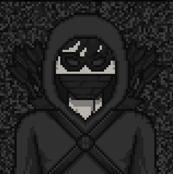 A pixel art illustration of a hooded figure wearing dark sunglasses or a visor, rendered in grayscale.
