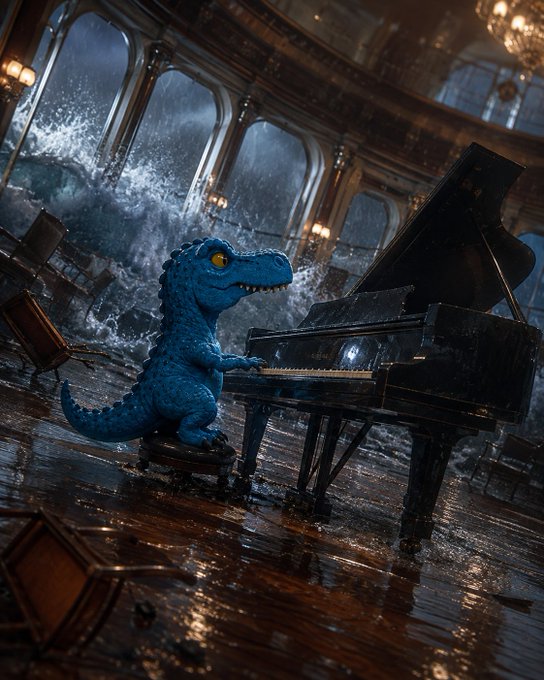 A small blue toy dinosaur sits at a grand piano on the deck of a sinking ship, playing calmly as waves crash through the windows behind it—capturing the "stay composed" sentiment of the $FEFER meme, where the chaotic disaster outside contrasts with the dinosaur's serene performance.
