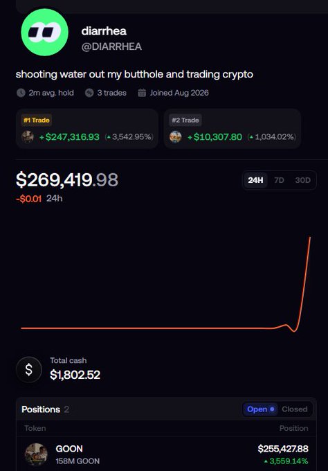 A crypto trading dashboard for user 'diarrhea' (@DIARRHEA) showing total value of $269,419.98, with top trades in GOON (+$247,316.93) and another position (+$10,307.80).