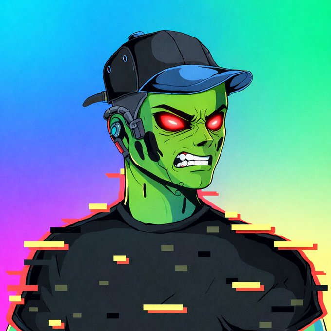 A digital illustration of a green-skinned, red-eyed character wearing a black cap and futuristic headset, shown from the chest up against a vibrant rainbow gradient background with glitch effects.