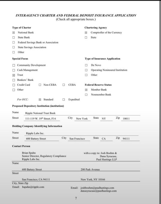 The image shows an Interagency Charter and Federal Deposit Insurance Application form for the proposed "Ripple National Trust Bank," chartered as a National Bank under the Comptroller of the Currency, with Ripple Labs Inc. as the holding company. The form supports the news that Ripple has secured conditional OCC approval for its national trust bank charter, marking a key step in its institutional and stablecoin expansion strategy.