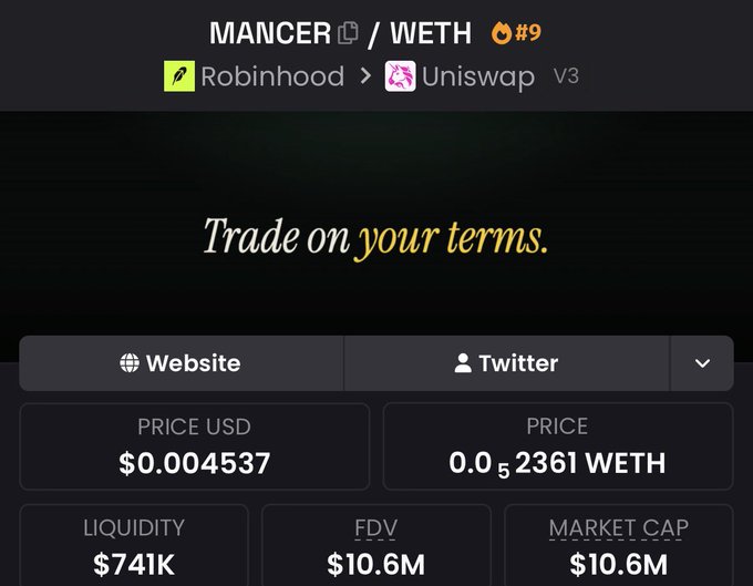 Screenshot of a cryptocurrency trading page for the MANCER/WETH token pair on Uniswap V3 via Robinhood, showing a price of $0.004537, $741K liquidity, and $10.6M market cap.