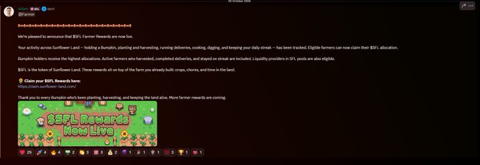 A Discord announcement from the Sunflower Land Farmer bot announcing that '$FL Farmer Rewards are now live,' detailing Sunflower Land rewards and linking to claim.sunflower-land.com.