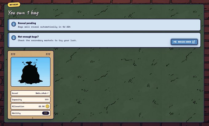 A screenshot of a digital collectible wallet interface showing "MY HEAP" with the message "You own 1 bag," noting "Reveal pending" (auto-reveals in 4d 22h) and "Not enough bags?" with a Magic Eden link. The single bag displayed shows asset 0xEvx.4duh, capacity 777, allocation 22.0K, and rarity ???, representing the user's DUMPSTR bag linked to the CyberKongz floor price increase from 0.69 to 1.575 SOL.