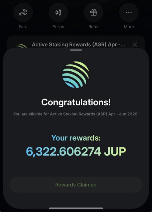 A Jupiter (JUP) cryptocurrency mobile app screen showing a 'Congratulations!' message for Active Staking Rewards (ASR) Apr-Jun 2026, with rewards of 6,322.606274 JUP and a 'Rewards Claimed' button.