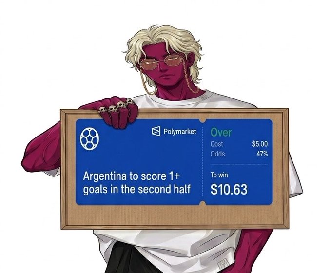 A red-skinned anime-style character with blonde hair and glasses holds up a Polymarket betting card showing "Argentina to score 1+ goals in the second half" with a $5.00 cost at 47% odds and a $10.63 potential win, visually representing the user's successful prediction on Argentina (likely a Messi-led goal).