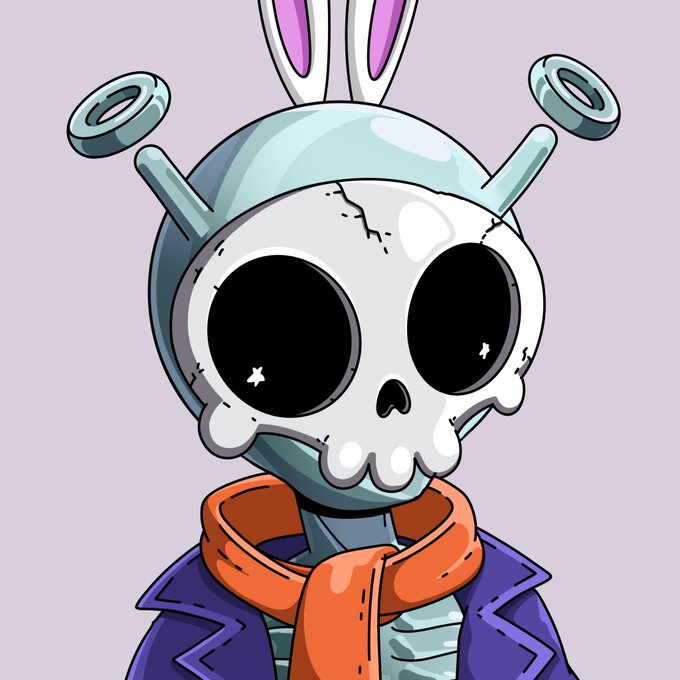 A cartoon-style character features a skull head with rabbit ears, large black eyes, and metallic halo rings, wearing an orange scarf and a purple coat.