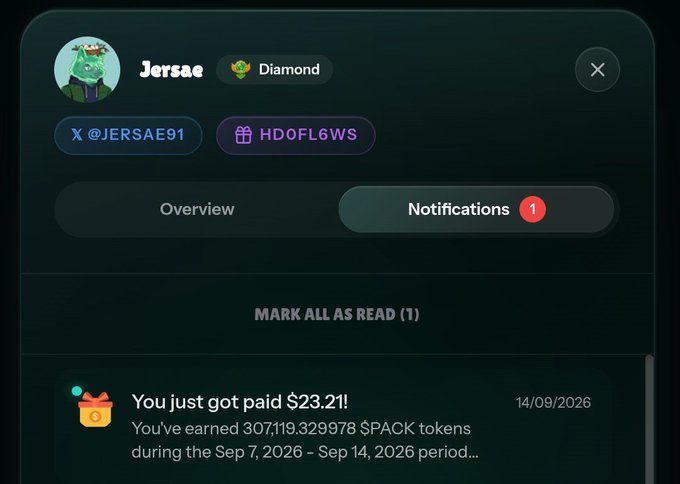 A notifications screen for user 'Jersae' (Diamond tier) showing a payment of $23.21 for earning 307,119.329978 $PACK tokens between Sep 7-14, 2026.