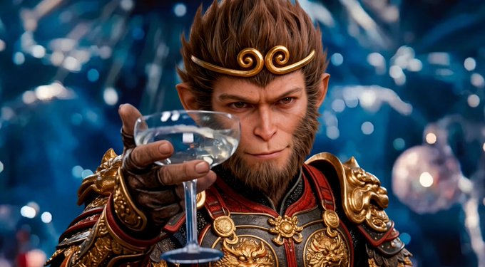 A 3D-rendered image of Sun Wukong, the Monkey King character, wearing ornate red and gold armor with a golden headband, holding up a champagne glass with a mischievous smirk against a blue background.