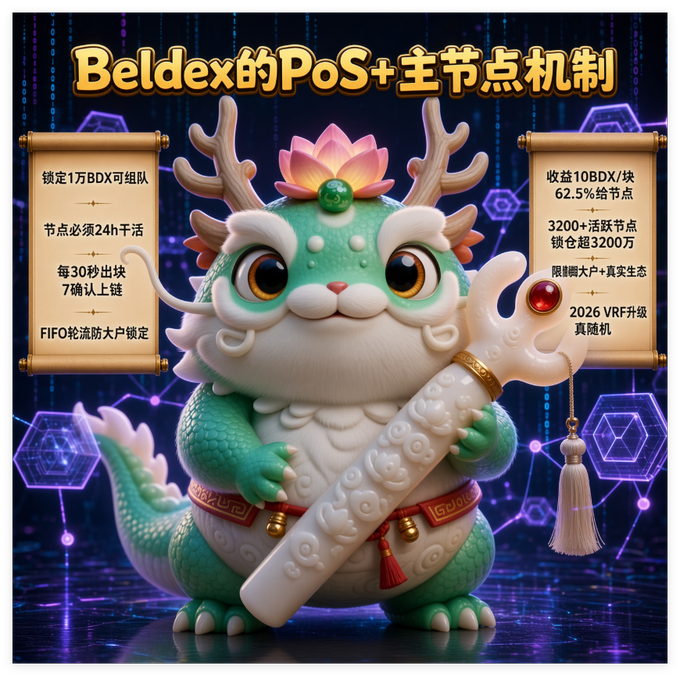 A promotional graphic titled "Beldex的PoS+主节点机制" (Beldex's PoS+ Masternode Mechanism) featuring a cute green dragon mascot with antlers holding a scroll, explaining staking requirements including 1BDX and other tokenomics details.