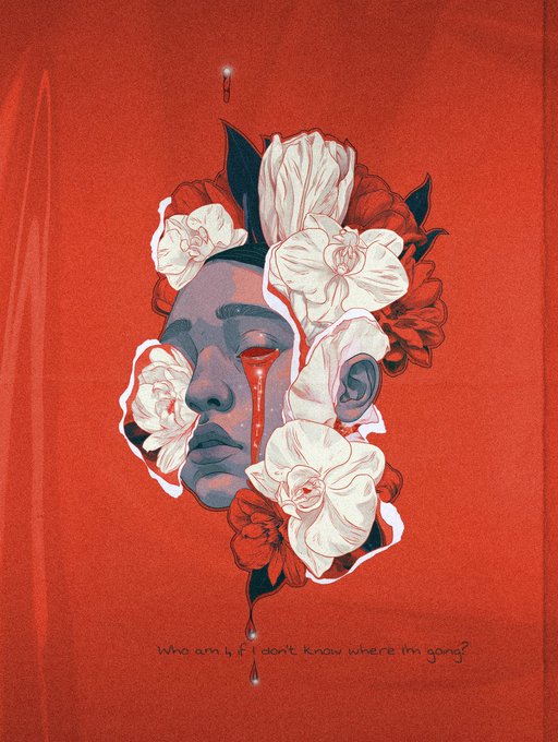 An artistic illustration on a red background showing a fragmented face in profile surrounded by white flowers, with a red tear and the handwritten text 'who am i, if i don't know where i'm going?'.