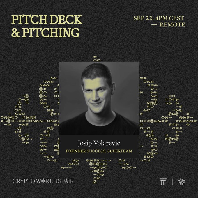 Event flyer for 'Pitch Deck & Pitching' at CRYPTO WORLDS FAIR on Sep 22, 4PM CEST (Remote), featuring a photo of speaker Josip Volarevic, Founder Success.