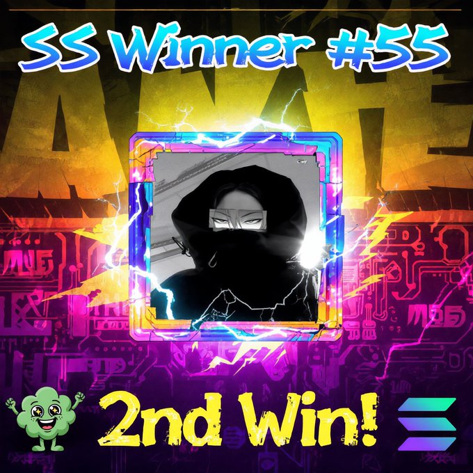 The image celebrates "SMURF SPOTLIGHT V2" winner #55, marking their 2nd Win, featuring an anime-style character in a hood and mask surrounded by neon lightning effects. A cheerful green Smurf mascot appears in the corner, complementing the congratulatory announcement for the repeat winner.