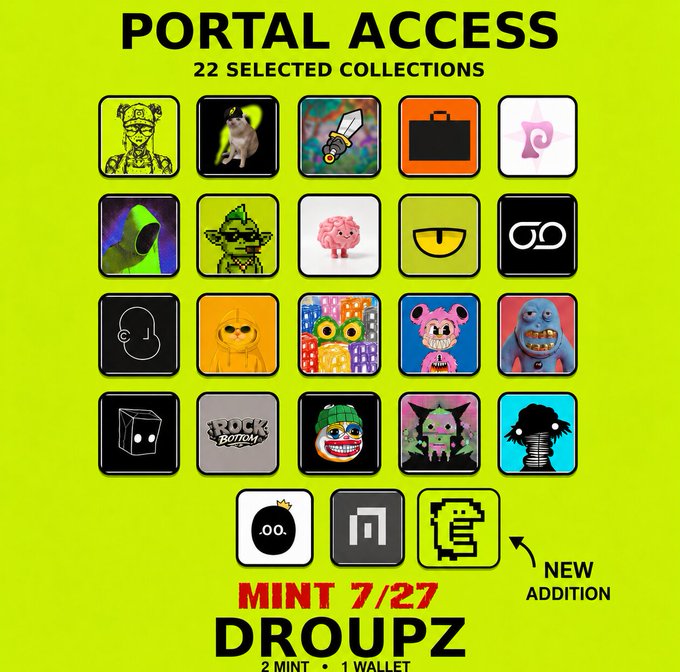 The image is a promotional graphic announcing "PORTAL ACCESS" with "22 SELECTED COLLECTIONS" displayed as colorful NFT icons on a lime green background. Below the grid of collections, red and black text reads "MINT 7/27 DROUMPZ" with "2 MINT • 1 WALLET" beneath, and a "NEW ADDITION" arrow points to a pixelated character in the bottom right. The graphic visually represents the 23 communities (now 22 collections plus the new addition) mentioned in the post about the portal opening, with @OnChainHoodies being announced as the latest collection to join Portal Access for the July 27th DROUMPZ mint.