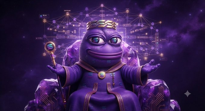 A purple Pepe the Frog character wearing a gold crown, adorned with circuit board patterns and a pendant, sits on a crystalline throne while holding a scepter against a cosmic purple background with network nodes.
