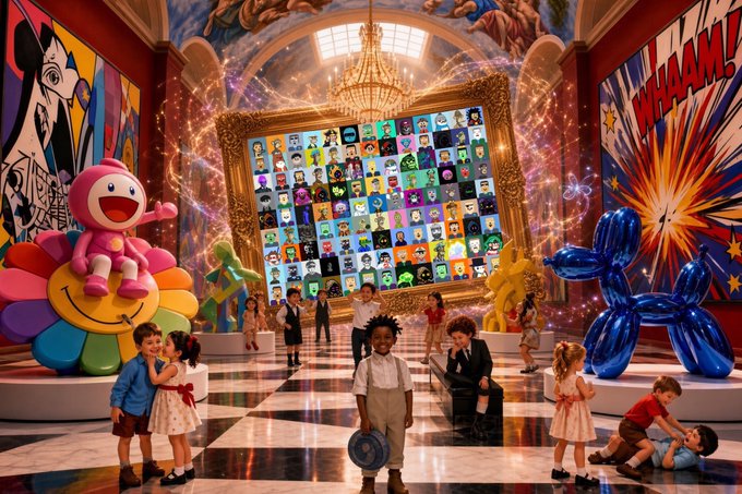 A surreal art gallery scene combining classical Renaissance frescoes and Roy Lichtenstein-style pop art (including "WHAAM!"), featuring children playing on a checkered floor alongside a large pink flower sculpture, a blue balloon dog, and a giant framed grid of colorful cartoon faces in the center.