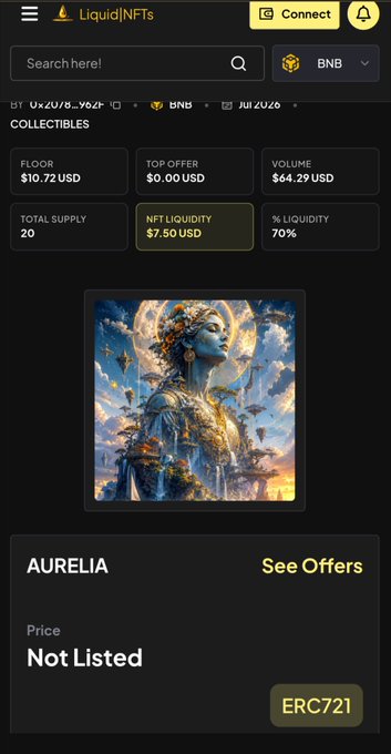 Screenshot of the LiquidNFTs platform showing a collectible NFT named 'AURELIA' with an ERC721 token standard, featuring stats like Floor $10.72 USD, Top Offer $0.00 USD, Volume $64.29 USD, and a Total Supply of 20.