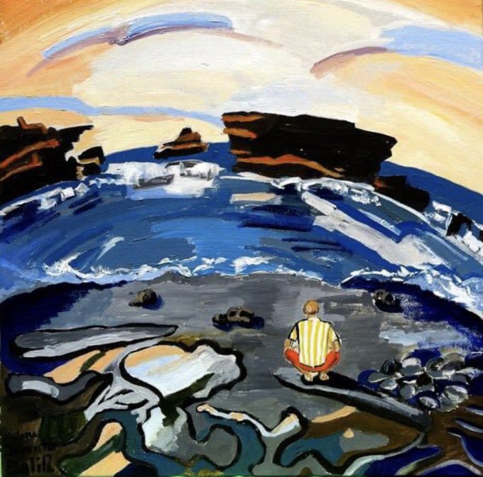 An expressive, painterly artwork depicting a lone figure in a striped shirt sitting on a rocky shore, gazing out at a turbulent blue sea with dramatic dark cliffs in the background under a swirling sky.