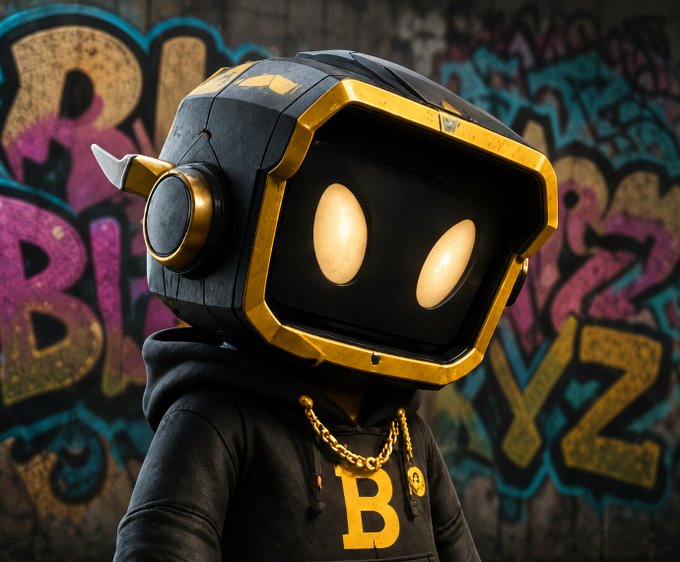 A stylized robot character with a large gold and black helmet featuring two glowing oval eyes stands in front of a graffiti wall, wearing a black hoodie with a gold 'B' chain necklace and matching pendant.