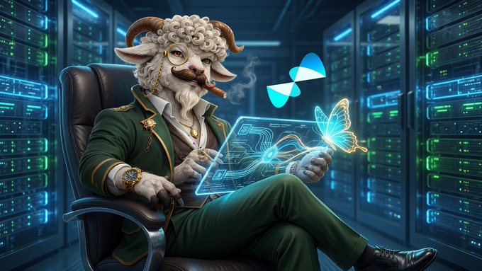 Digital artwork of a goat-headed gentleman in a green Victorian suit smoking a cigar while using a holographic tablet in a server room with glowing racks.