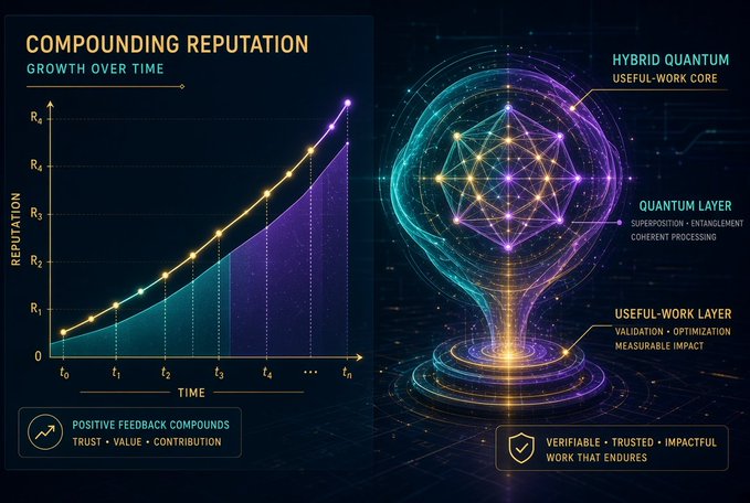 A digital infographic titled 'Compounding Reputation' showing exponential growth over time on a graph, paired with an illustration of a 'Hybrid Quantum' brain structure featuring a Useful-Work Core, Quantum Layer, and Useful-Work Layer.