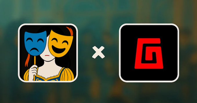 Two app icons side by side with an 'x' between them: a yellow emoji-style icon with theatrical masks and a black icon with a red logo.