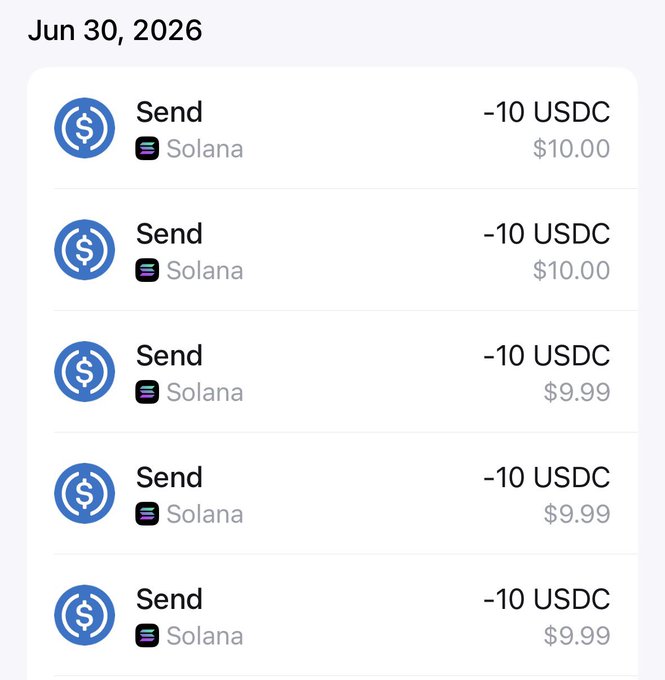 A transaction history screenshot from Jun 30, 2026 showing five separate "Send" transactions of -10 USDC each via Solana (totaling $49.97), visually confirming the $50 distribution to five recipients mentioned in the post.