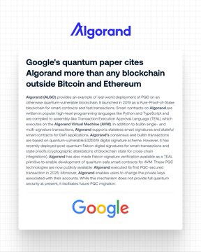 An Algorand press release titled 'Google's quantum paper cites Algorand more than any blockchain outside Bitcoin and Ethereum', featuring the Algorand and Google logos.
