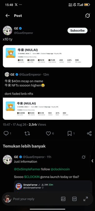 X post by @GuarEmperor about '牛来 $40m mcap on meme' and '牛来 NFTs sooon higher' with NIULAI token stats shown.