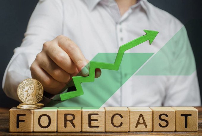 A person in a white shirt holds a translucent green upward arrow next to gold coins, with wooden blocks spelling 'FORECAST' displayed on a table.