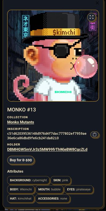 The image shows a cell phone screen displaying information about a digital art piece featuring a pink monkey wearing sunglasses and a top hat, with the artist's name displayed as "kimchicoinanon" and the price of the artwork being 100mil tokens. The text on the screen also mentions that there is an item listed for sale at this time, which could be related to the kimchi art piece or another digital asset.