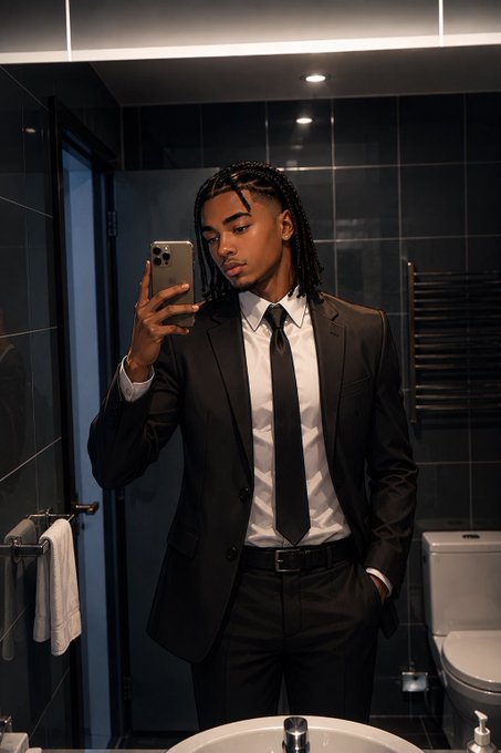 A young man with braided hair in a black suit and tie takes a mirror selfie with his phone in a dimly lit bathroom.