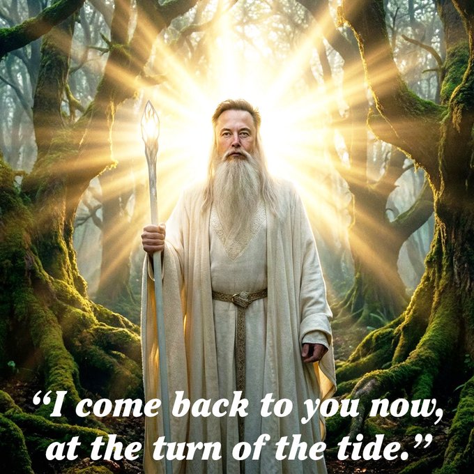 A fantasy image of a white-bearded wizard in white robes holding a glowing staff in a forest, with the text 'I come back to you now, at the turn of the tide.'