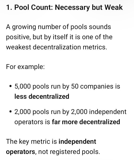 A text excerpt titled '1. Pool Count: Necessary but Weak' explaining that decentralization metrics should focus on independent operators rather than registered pools, using examples of 5,000 pools by 50 companies versus 2,000 pools by 2,000 independent operators.