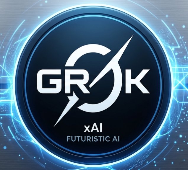 A futuristic circular logo with the text 'GRJK' above 'xAI FUTURISTIC AI,' featuring a stylized 'O' with an arrow and digital blue ring effects.